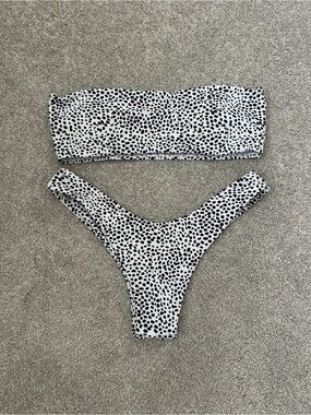 White and Black Spotted Bandeau Bikini Set - Women Swim Bikini